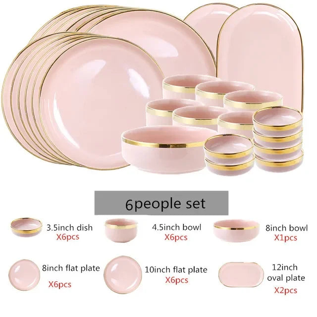 Bright White And Pink With Gold Porcelain Plates Kitchen Dinner Plate Set Ceramics Food Dishes Salad Noodles Bowl